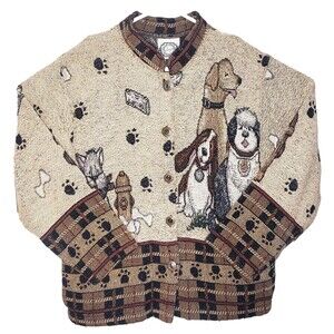 Vintage Star Street Weavers Women's Cardigan Sweater Large Cotton Dogs Puppies